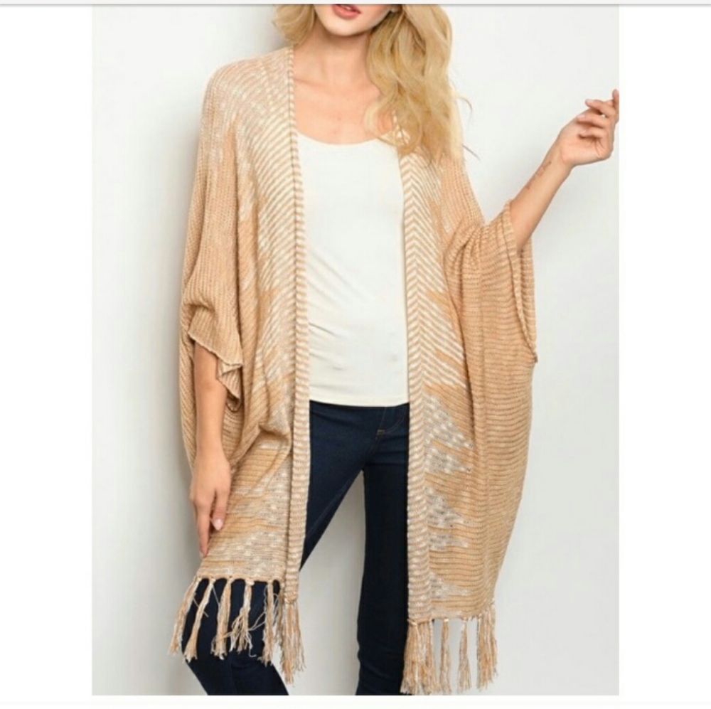 White/Tan  coverup  Fringed Shrug/ Cardigan